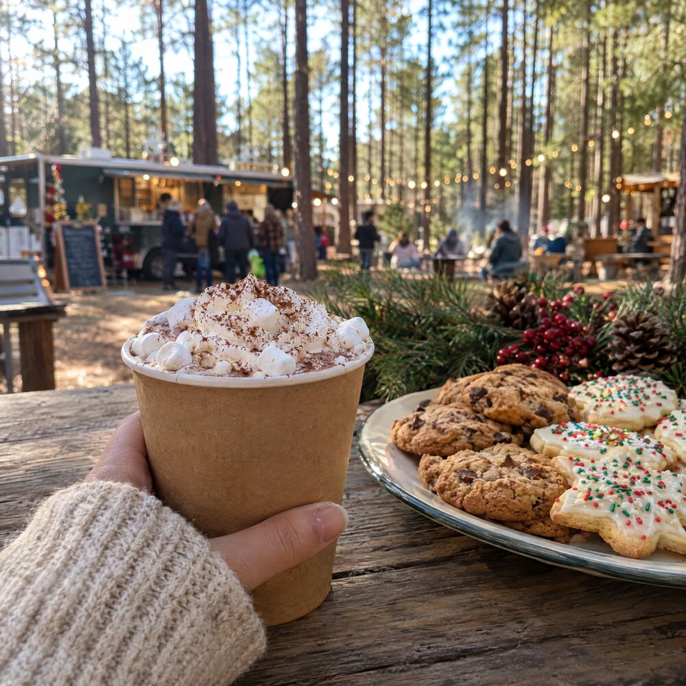 Hot cocoa with whipped cream and holiday cookies