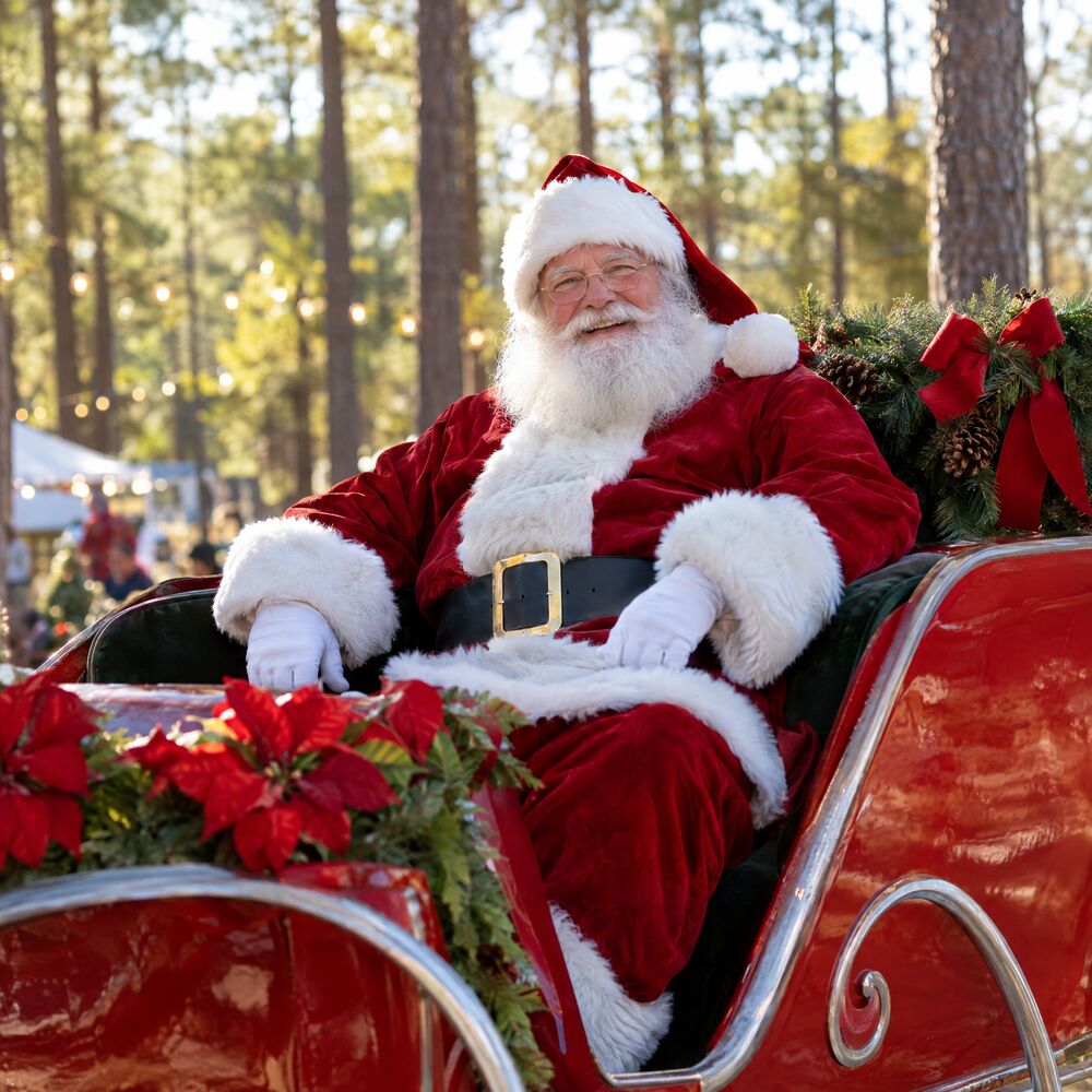Santa Claus in a red sleigh among the pines